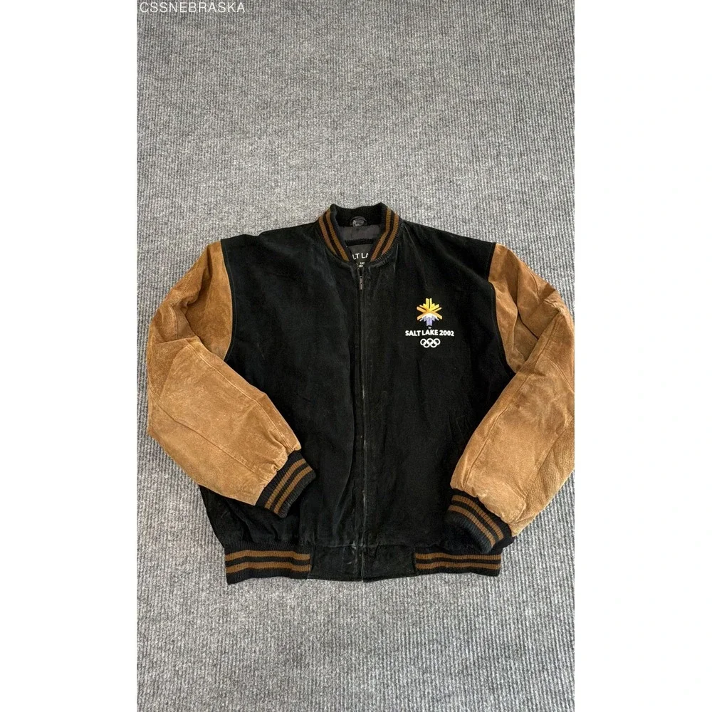 Vintage Y2K Salt Lake 2002 Winter Olympics Men's Black Tan Leather Jacket XL
